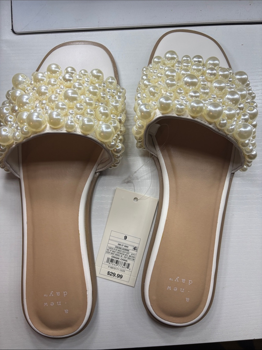 a new day Pearl-Embellished Cream Slide Sandals